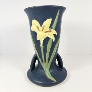 Roseville Pottery Iris Vase 136-9 Blue Arts Crafts Floral Matte USA